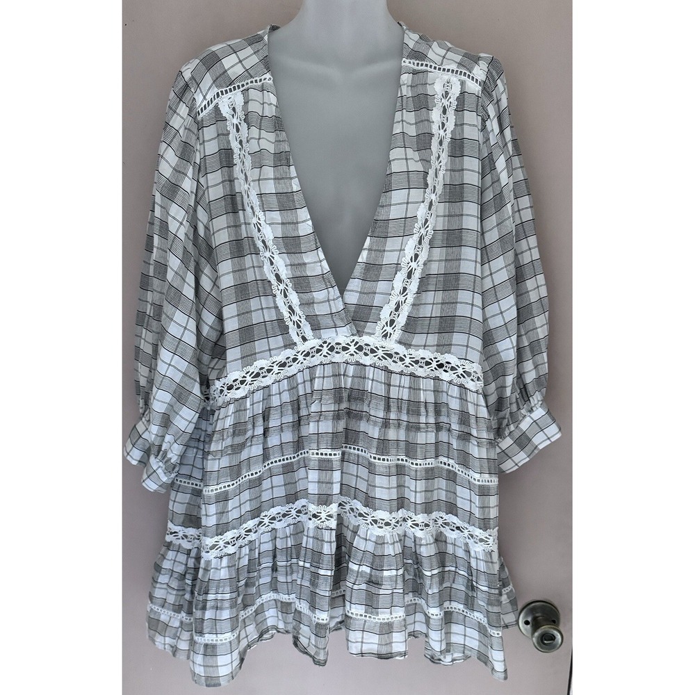 FREE PEOPLE Plaid Pull-On 3/4 Flutter Sleeve Time Out Lace Tunic Boho Relaxed L